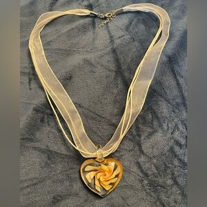 Necklace/cream color ribbon and cord, glass, heart-shaped pendant NWOT